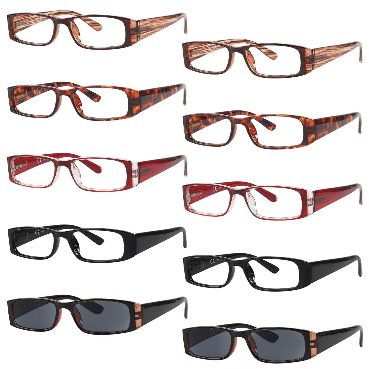 10 Pack Stylish Rectangular Reading Glasses Sunshine Readers R006eyekeeper.com