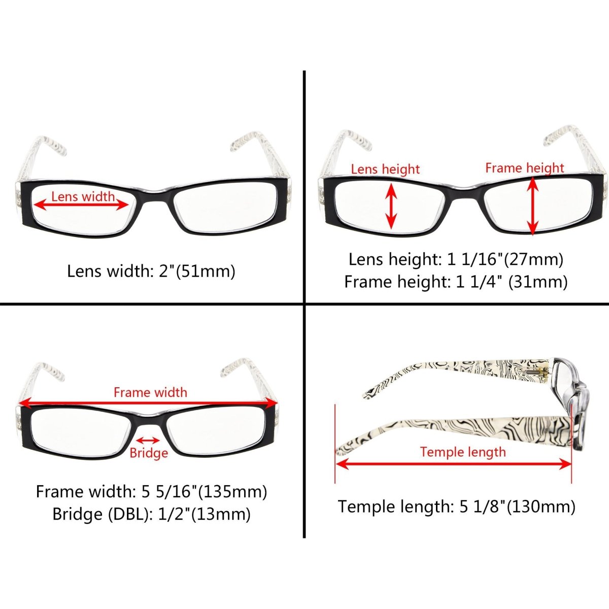 4 Pack Gem Pattern Arms Reading Glasses Rectangular Readers R006 - C1 - C4eyekeeper.com