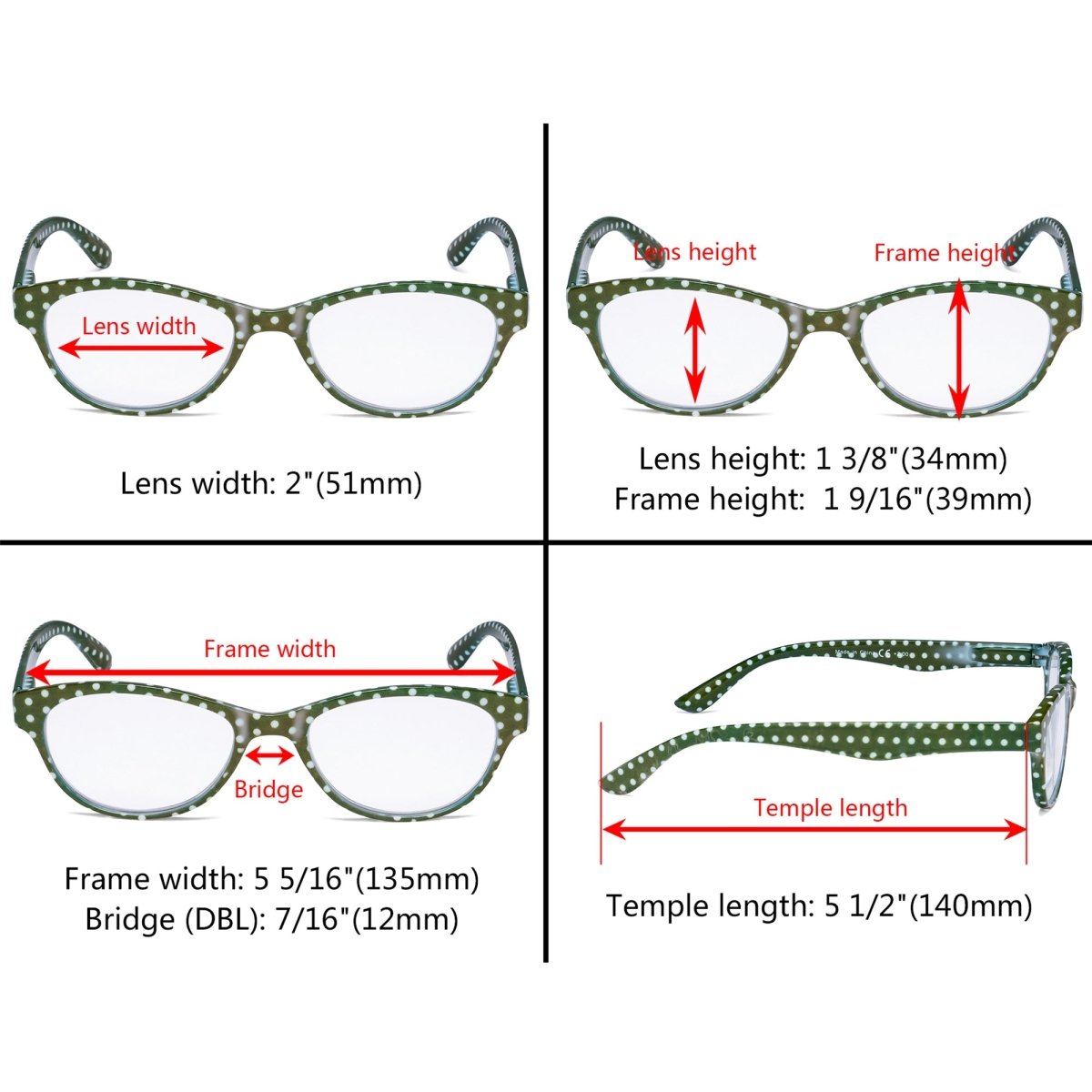 4 Pack Oval Cute Reading Glasses Colorful Polka Dots Readers R074Peyekeeper.com