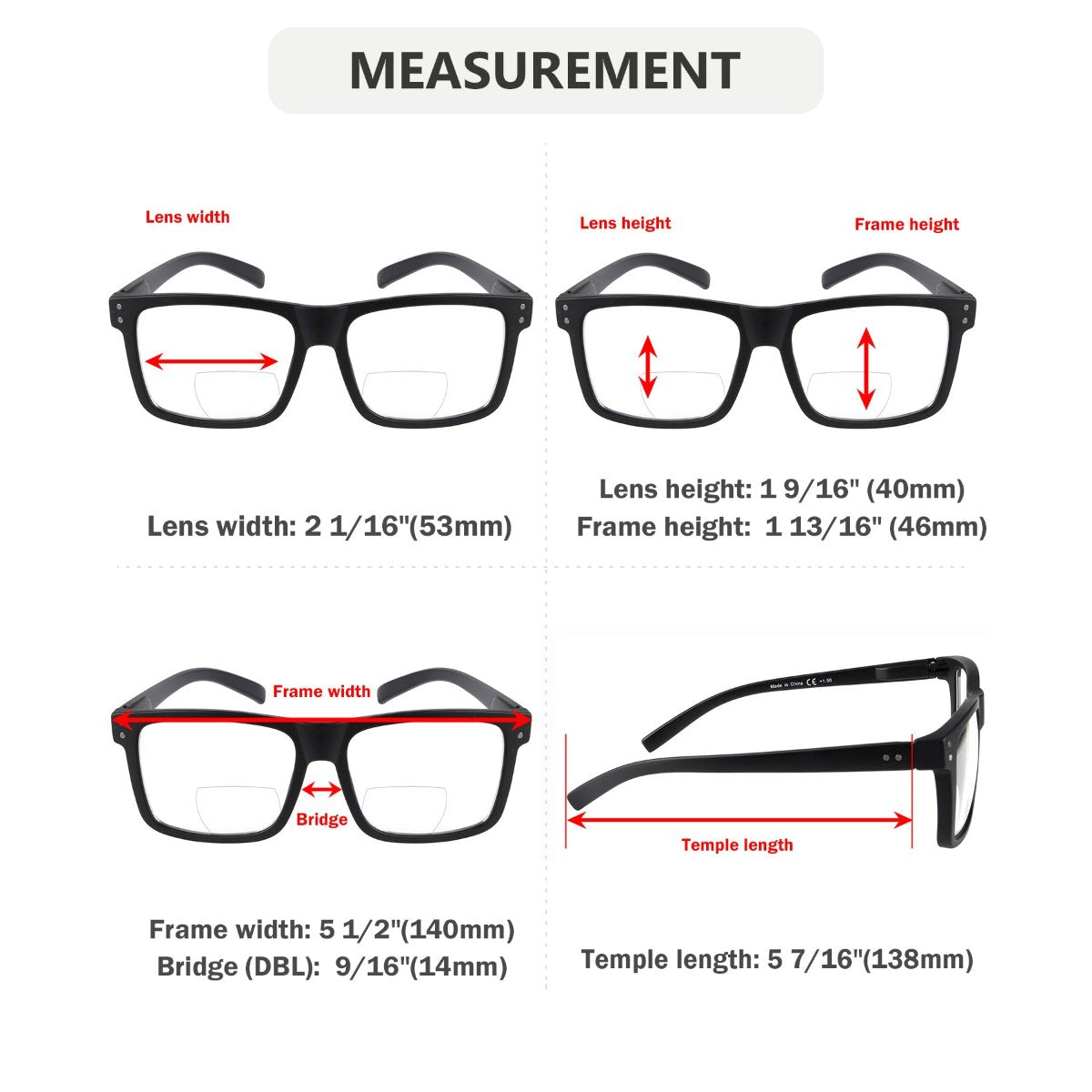 Transition Photochromic Bifocal Reading Glasses Dimension